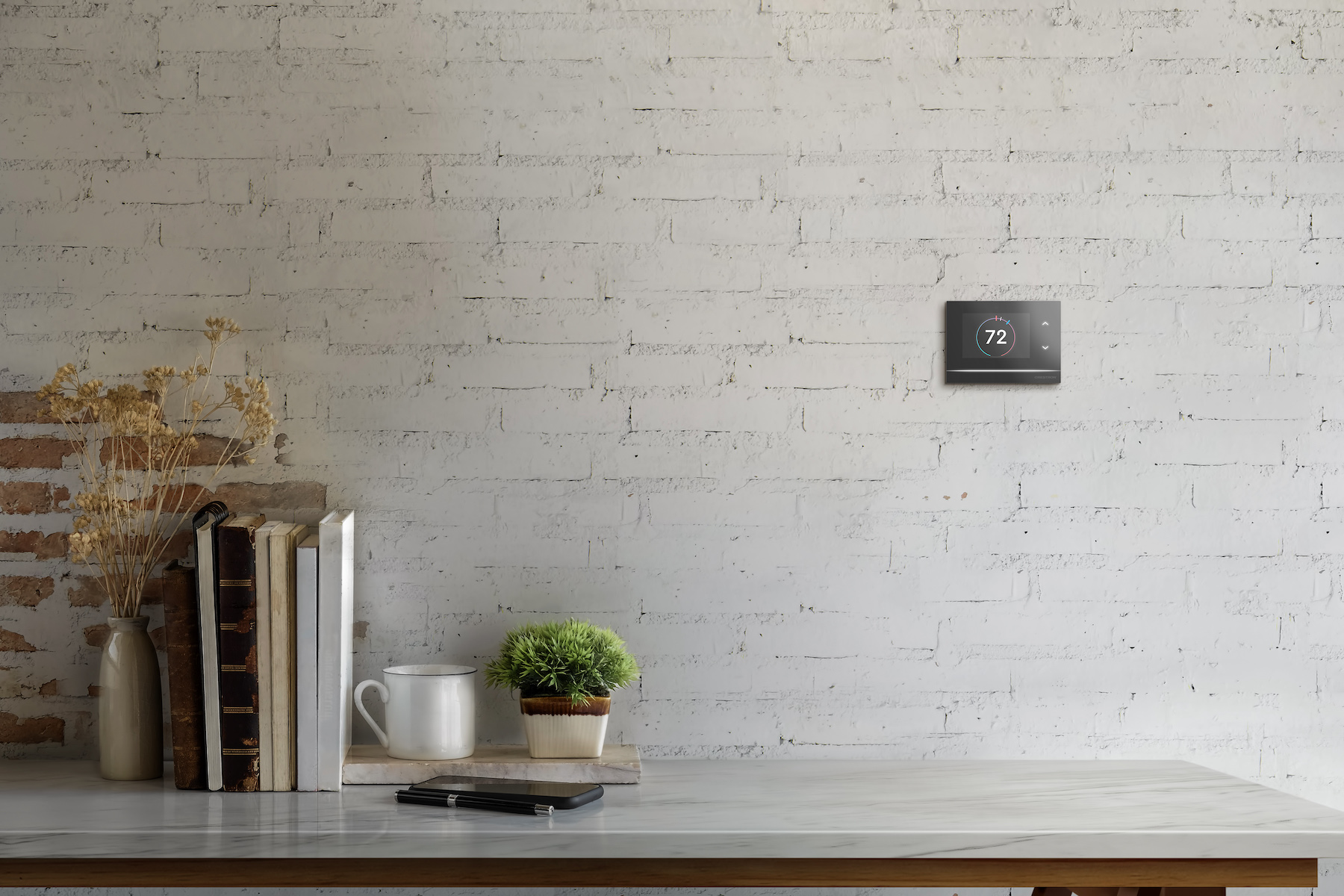 Crestron releases touch screen smart thermostat, with two-wire installation.