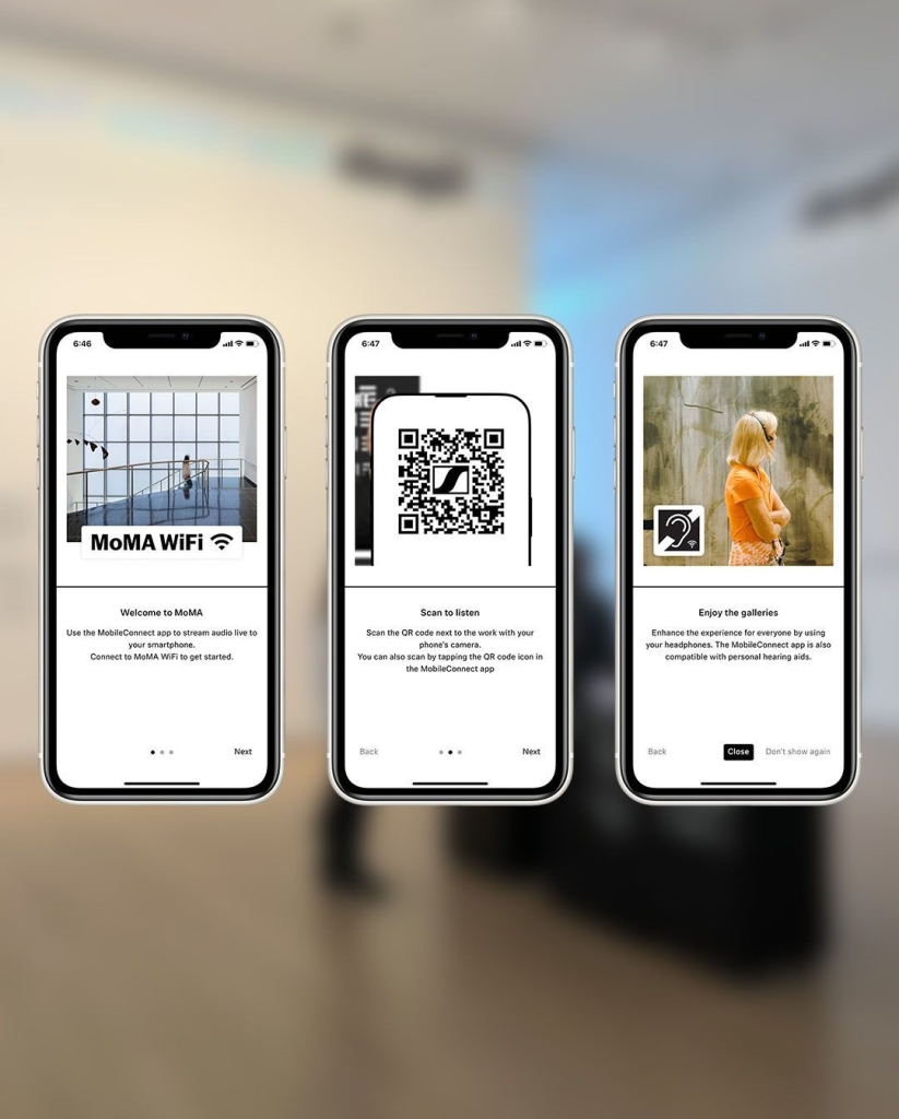 Three images of the Sennheiser MobileConnect app lined up next to each other. First is the home screen, second is the QR code, and third is a screen directing users to plug in headphones to enjoy the exhibit.